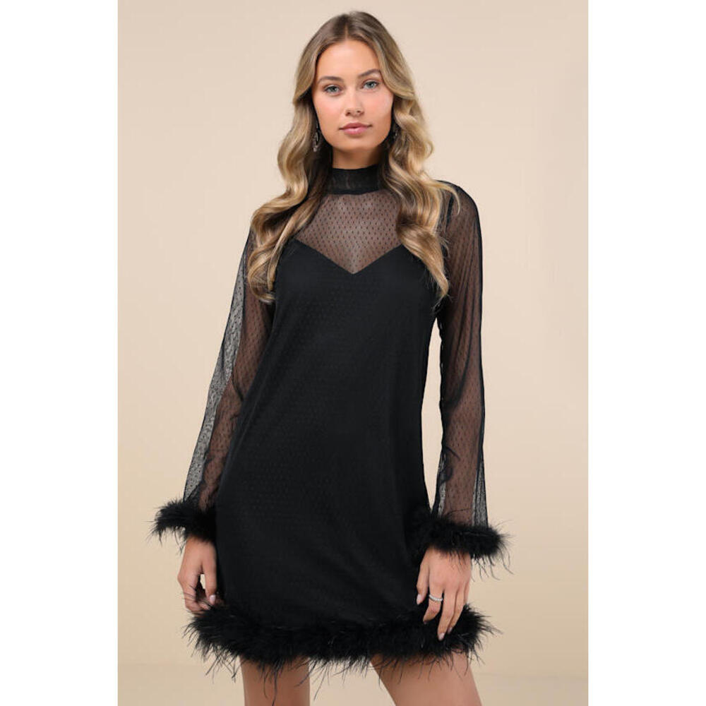 Lulus Immaculate Charisma Black Mesh Feather Long Sleeve Mini Dress NEW - XL